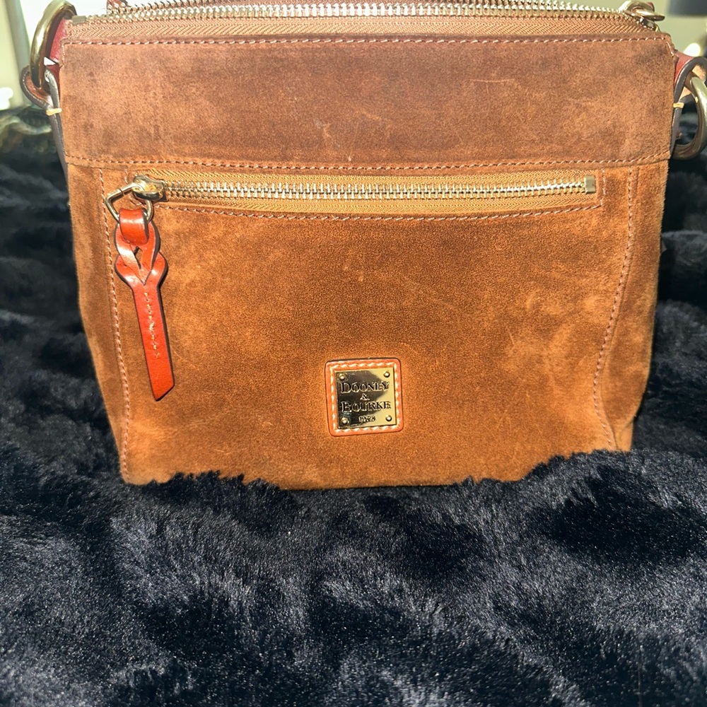 Dooney & Bourke Brown Suede Crossbody with Red Accent